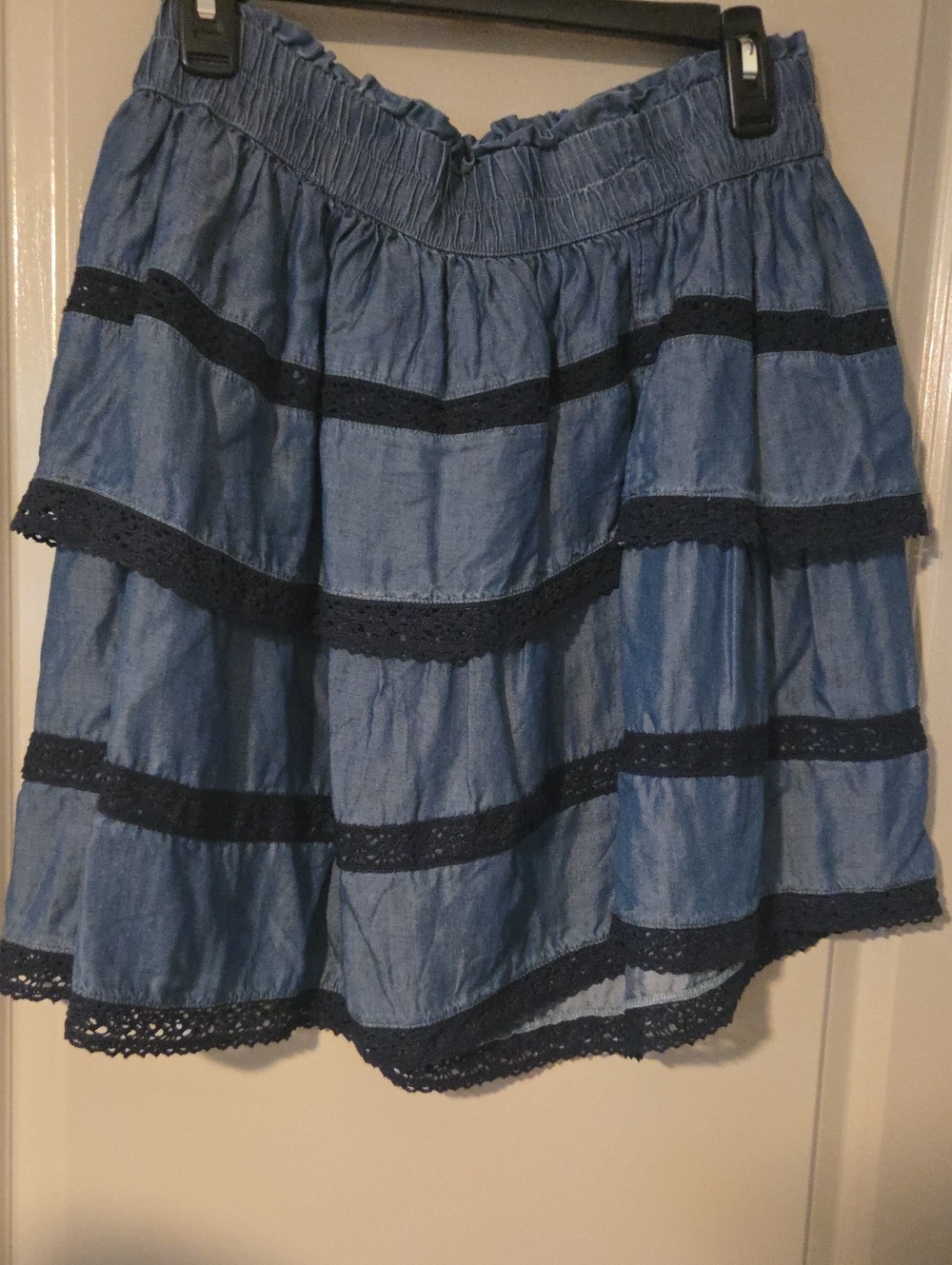 crown & ivy Blue Tiered Skater Skirt with Navy Lace Trim